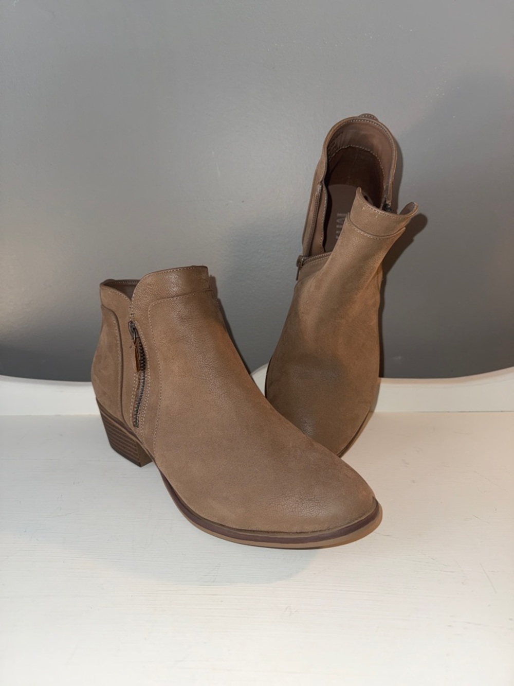 MIA Taupe Suede-Look Ankle Booties with Side Zip